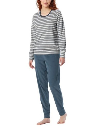 Schiesser Damen Schlafanzug lang Frottee warm kuschelig wohlfühlen-Nightwear Pyjamaset, Jeansblau_181968, 40 im Sale